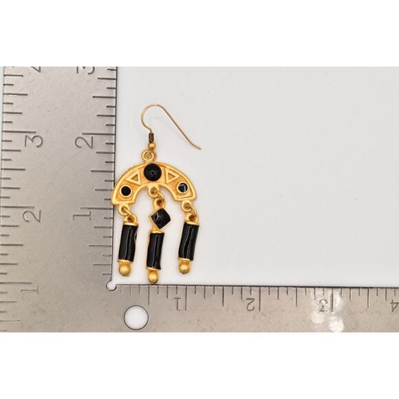 Vintage Dangle Earrings Brushed Gold Black Enamel Heavy Chunky NOS 1980s BinZ - Picture 12 of 12